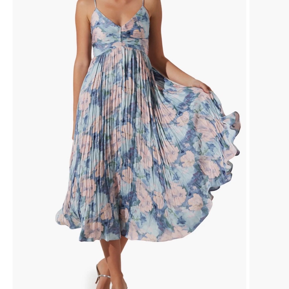 Astr Pleated Floral Midi Dress in Blue & Pink - Picture 1 of 6